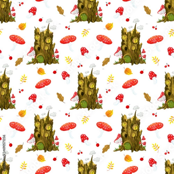 Fototapeta seamless pattern of small forest houses on a white background