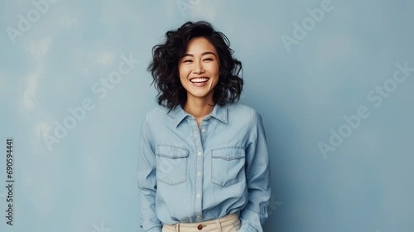 Obraz Beautiful attractive Asian female with casual jean smile cheerful standing against plain background peach color, young happy student or worker woman soft skin charming face with long curly hairstyle