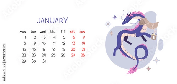 Fototapeta Monthly calendar for New year January 2024 with flat dragon character. Vector isolated horizontal illustration. Winter month with weeks and stylish mascot in scarf and mug of cocoa.