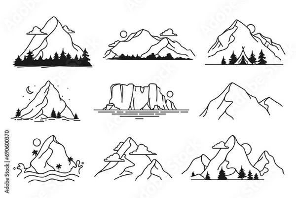 Obraz Collection of hand drawn mountain outline. Mountain landscape in line art style. Hills, icebergs, rocks and high peaks. Element for your design. Vector illustration