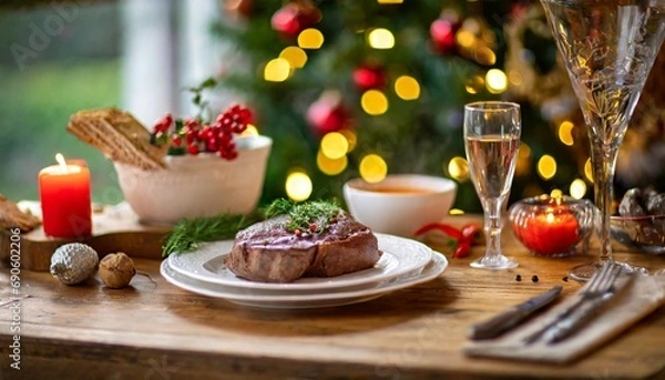 Fototapeta ステーキとスープのクリスマスディナー