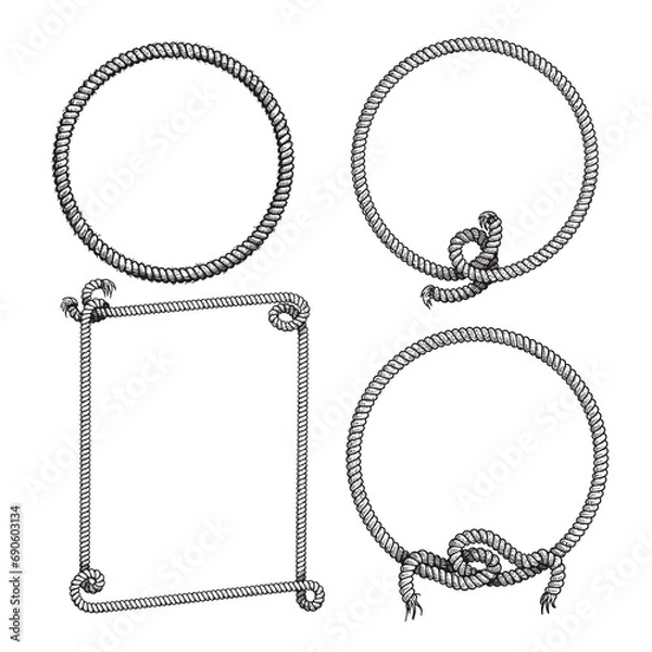 Fototapeta Nautical rope frames set. Hand drawn sketch style illustrations isolated on white background.
