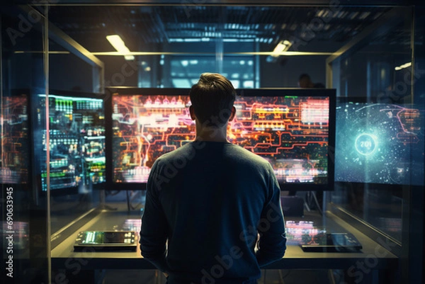 Obraz Generative AI conceptual portrait of successful business person man woman hacker programmer in office