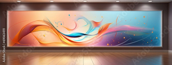 Fototapeta A vibrant abstract mural spanning across large canvas in a modern gallery setting.