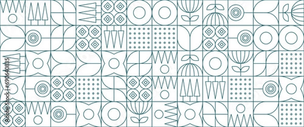 Fototapeta Green and white geometric minimal pattern mosaic. Simple outline nature shapes, modern bauhaus banner vector design