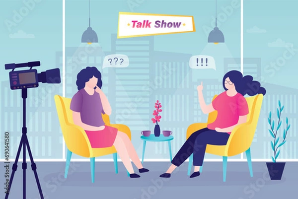 Fototapeta Female host asks famous celebrity on TV show. Popular woman-star gives interview to television presenter in broadcast studio. Internet interview, online channel concept.