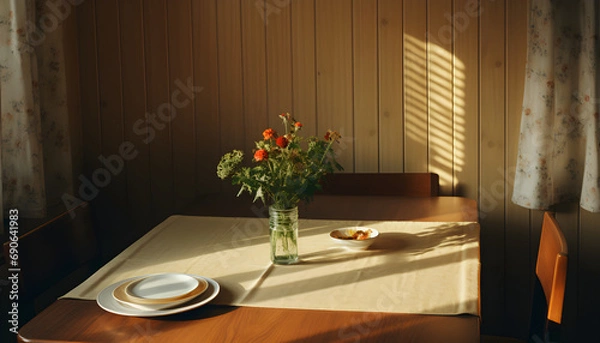 Fototapeta room interior,  a table with a white tablecloth, next to a window with wooden borders