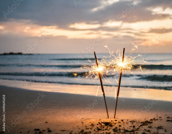 Fototapeta Sparklers at the beach for New Year or party with copy space