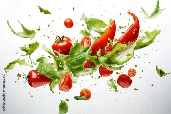 Fototapeta tomatoes, peppers, green leaves, and spices floating high in the air