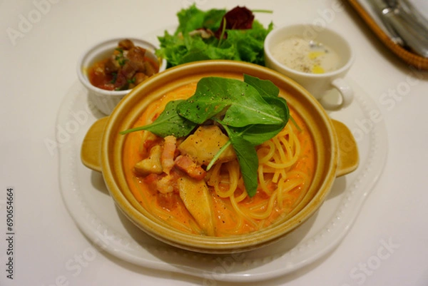Obraz Business Lunch set: pasta, cream soup, salad