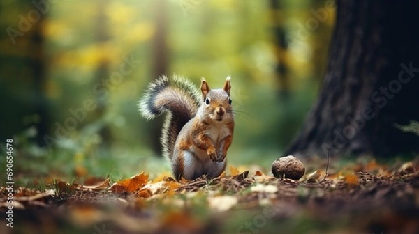 Fototapeta A nut is being eaten by a cute squirrel in nature with a blurred background. also present are wild animals and cute rodents eating nuts in the forest.