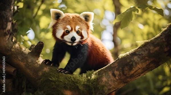 Obraz On a green tree, a red panda that is endangered is a sight to see