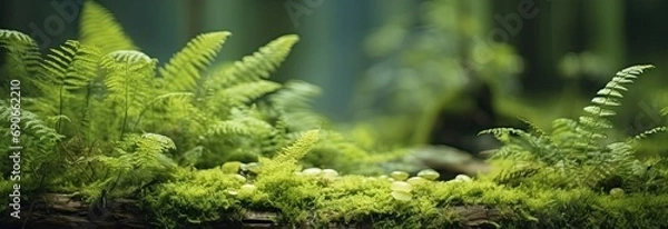 Fototapeta Enchanting mossy wonderland. Close up view of nature lush greenery. Captivating image showcases moss ferns and lichen creating vibrant tapestry on trees and rocks