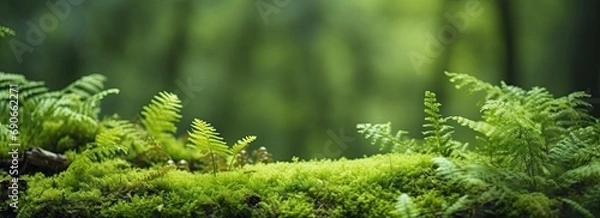 Fototapeta Enchanting mossy wonderland. Close up view of nature lush greenery. Captivating image showcases moss ferns and lichen creating vibrant tapestry on trees and rocks