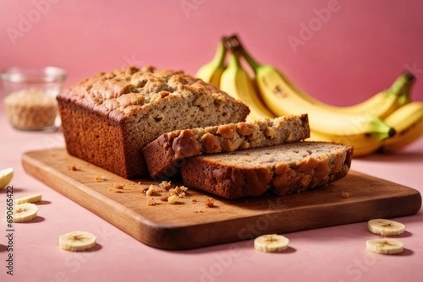Obraz Banana bread on the table on pink background, Banana muffin, Banana cake with nuts, bread made with banana, muffin with banana, Banana cake with chocolate and nuts, Banana cake with raisins