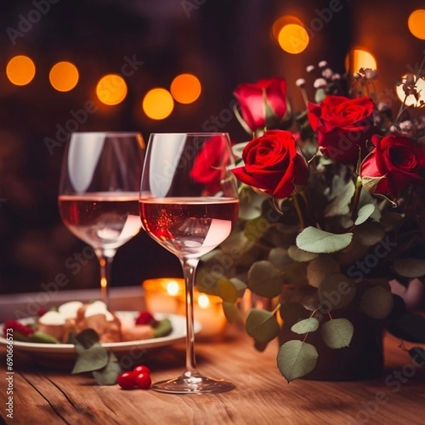 Fototapeta Romantic Dinner. Bouquet of flowers lying on the table, selective focus on bunch of roses, two glasses of red wine on the wooden desk. Date concept, blurred background, banner. Made with generative ai