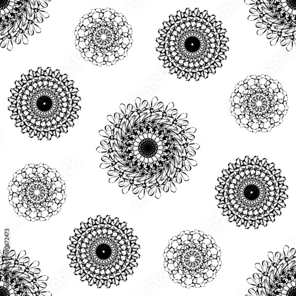 Fototapeta Seamless pattern with circle shaped snowflakes-like flowers. Hand drawn vector illustration.