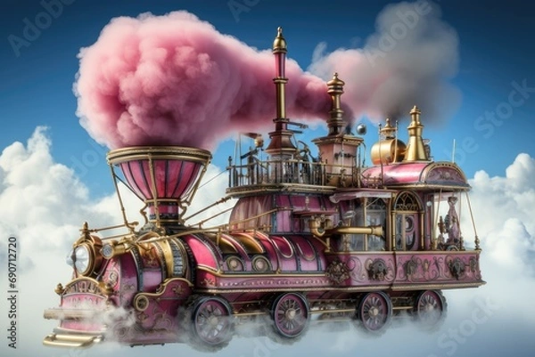 Obraz A magical old steam locomotive flies in the sky. Train, carriage, retro style, cartoon