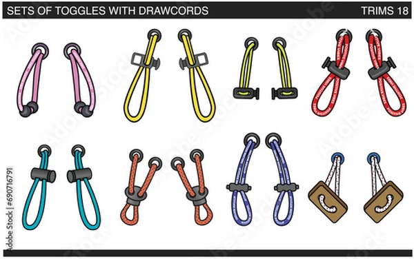 Obraz SET OF CORDS WITH TOGGLE STOPPERS FOR WAIST BAND, BAGS, SHOES, JACKETS, SHORTS, PANTS JOGGERS, TRACK PANTS, DRAWCORD AGLETS FOR CLOTHING AND ACCESSORIES VECTOR ILLUSTRATION