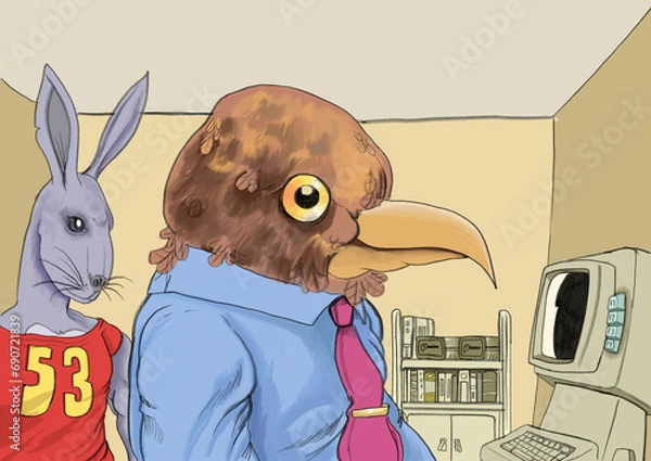 Fototapeta A rabbit and a bird anthropomorphic characters in a room with vintage technology. Digital illustration 