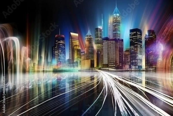 Fototapeta Neon Velocity: Speed Light Trails Creating Paths Amidst Smart City Skyscrapers and Futuristic Technology