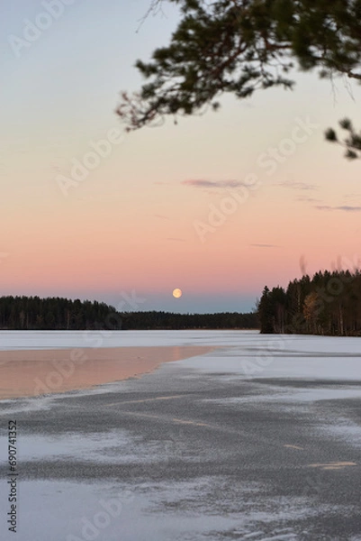Fototapeta blue hour and moon rise on a lake in winter