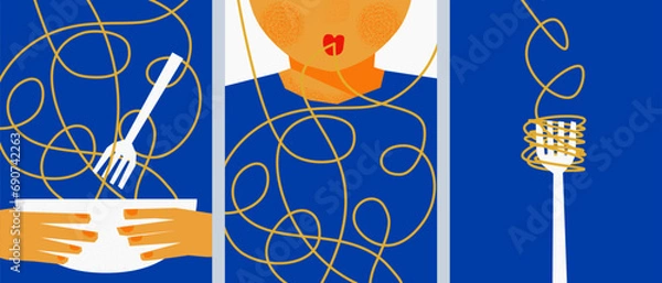 Obraz Spaghetti on a fork. Spaghetti on a plate. Eating delicious Italian food. A set of abstract posters. The design of the restaurant menu. Trend flat vector illustration