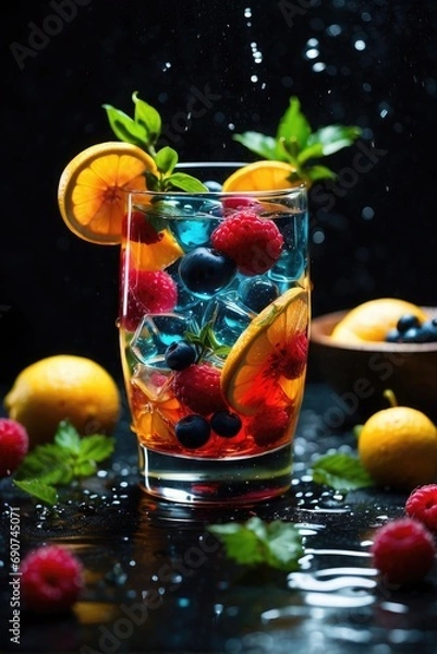 Fototapeta cocktail with fruits with lemons, oranges, berries, and ice in a dark background 