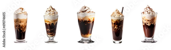 Fototapeta Set of Vienna Coffee in a glass beaker, traditional Austrian coffee beverage topped with whipped cream and cocoa powder, popular korean trend, on a transparent isolated background