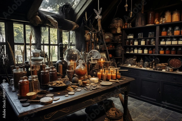 Fototapeta Atmospheric creepy medieval witch kitchen spooky interior. Generative AI