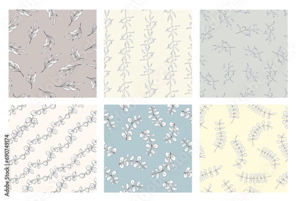 Fototapeta Greenery line art leaves, hand drawn simple floral seamless pattern set, pastel color. Vector background for prints, textile fabric, wallpapers,scrapbook, wrapping paper.