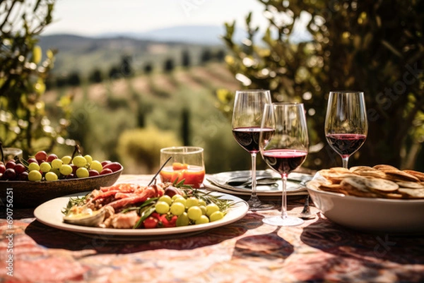 Fototapeta A gourmet spread featuring wine and antipasti on a table with a scenic vineyard view, perfect for a leisurely alfresco meal