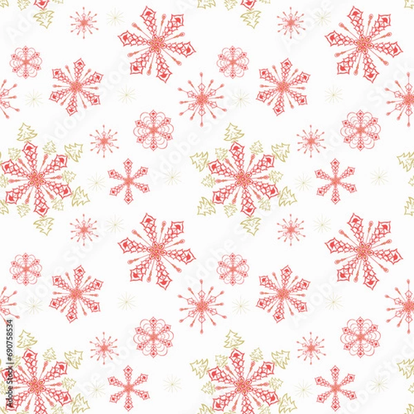 Obraz Сreative seamless pattern of  red snowflakes on a  white background. New Year's festive theme. Vector design for winter decor, print, wallpaper, packaging, web design, textiles, covers, invitations