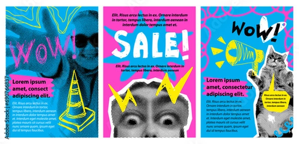 Obraz A set of grunge punk posters for sales, events, exhibitions. Halftone, retro collage. Template, design