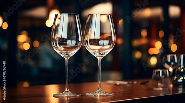 Obraz two empty wine glasses standing placed in a restaurant restaurant, interior with warm light