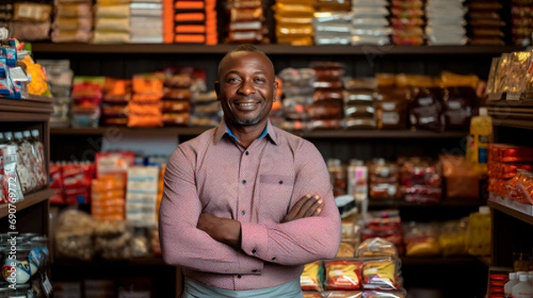 Fototapeta Owner of an ethnic shop. Standing in front of various products in his shop. An African man