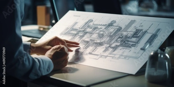 Fototapeta A person using a pen to draw on a piece of paper. This image can be used for various creative and artistic concepts