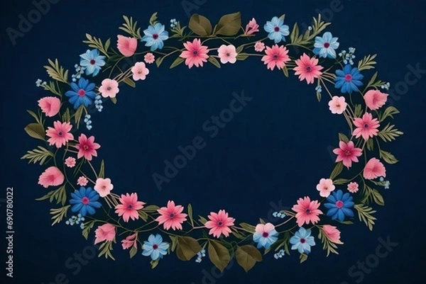 Fototapeta pattern featuring a circle wreath of bouquets with pink and blue flowers set against a dark blue backdrop