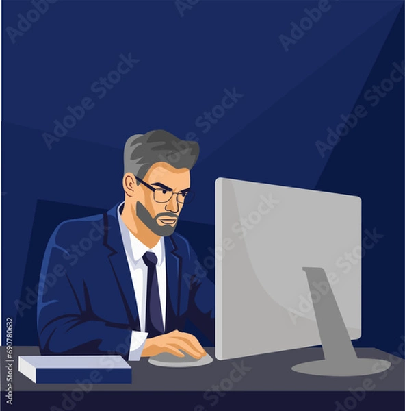 Fototapeta Vector Illustration. Serious man in a business suit working at a laptop. . Vector illustration