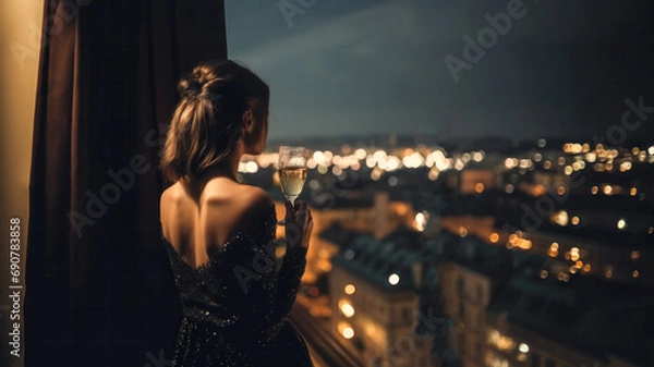 Fototapeta Successful and posh woman in an elegant black evening dress stands on a luxury balcony with a glass of champagne in her hands and looks at the evening lights of a European city.