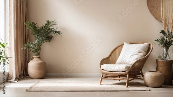 Fototapeta Empty beige wall mockup in boho room interior