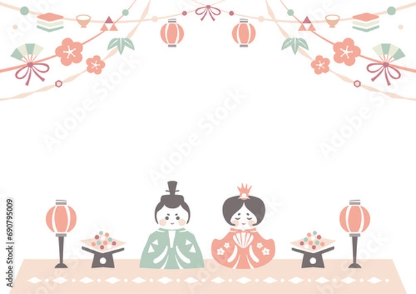 Obraz ひな祭りの背景フレーム お雛様と雛飾りの和風イラスト枠