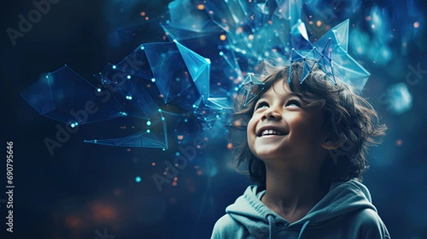 Fototapeta Happy smiling child interacting and manifesting in the quantum field amid the stars