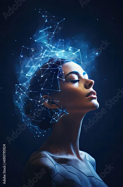 Fototapeta of  Meditating woman interacting with the quantum field particles and the gather around her head