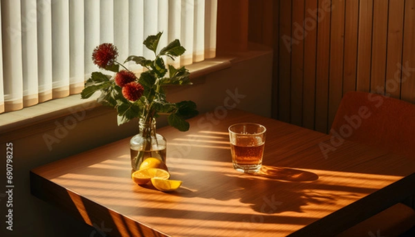 Fototapeta a table with a white tablecloth, next to a window with wooden borders