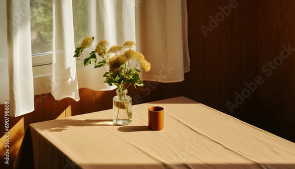 Fototapeta a table with a white tablecloth, next to a window with wooden borders