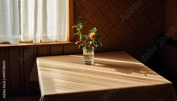 Fototapeta a table with a white tablecloth, next to a window with wooden borders