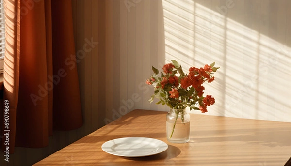 Fototapeta a table with a white tablecloth, next to a window with wooden borders