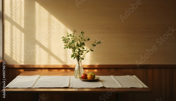 Fototapeta a table with a white tablecloth, next to a window with wooden borders