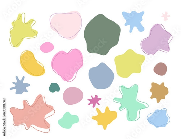 Fototapeta 22 Modern liquid irregular blob shape abstract elements graphic flat style design fluid vector illustration set. Doodle drops with outline circle. Random shapes. Elements water forms. Png.